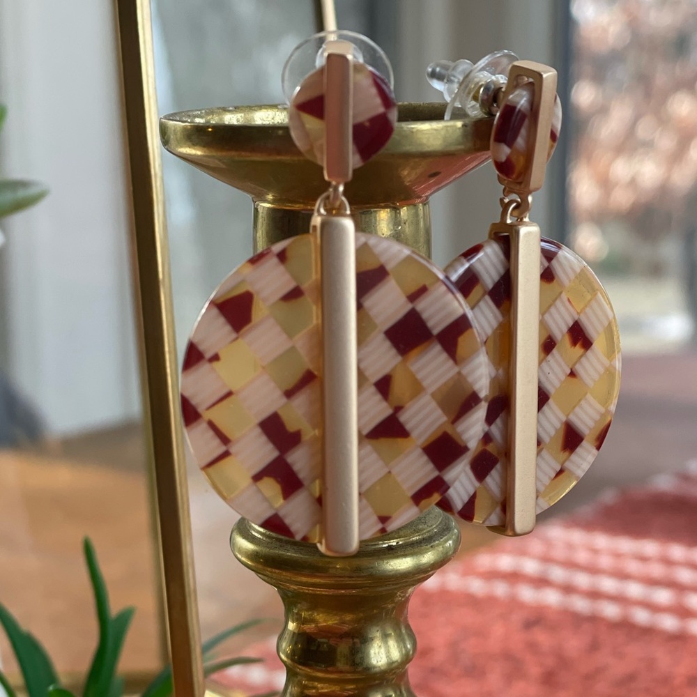 2” Drop Disc Earrings in Tortishell Check, with Brushed Gold hardware